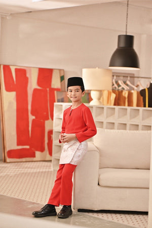 Baju Melayu Kids Teluk Belanga Deluxe Smart Fit - Red Chilli