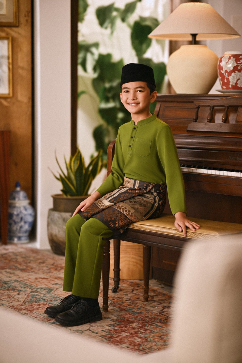 Arjuna Bespoke Fit Kids Baju Melayu Cekak Musang - Olive Green