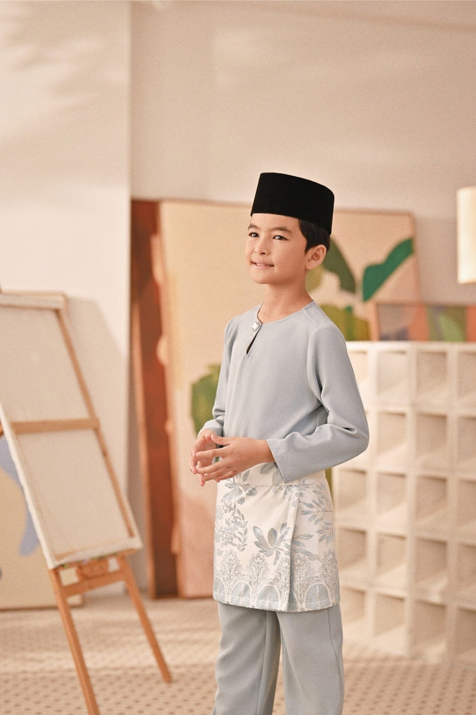 Baju Melayu Kids Teluk Belanga Deluxe Smart Fit - Light Blue Grey