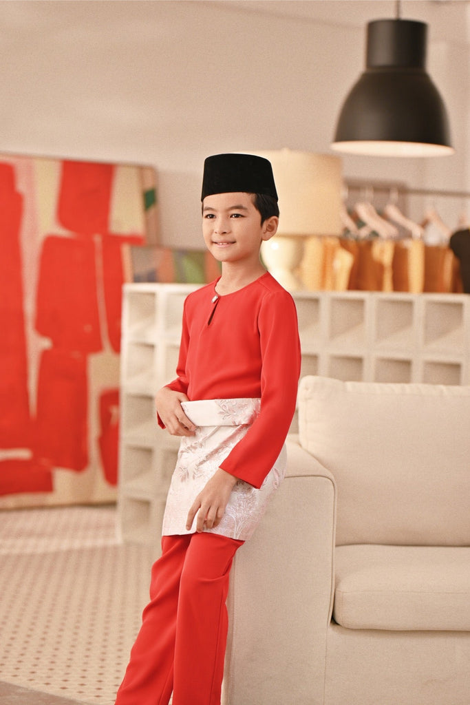 Baju Melayu Kids Teluk Belanga Deluxe Smart Fit - Red Chilli